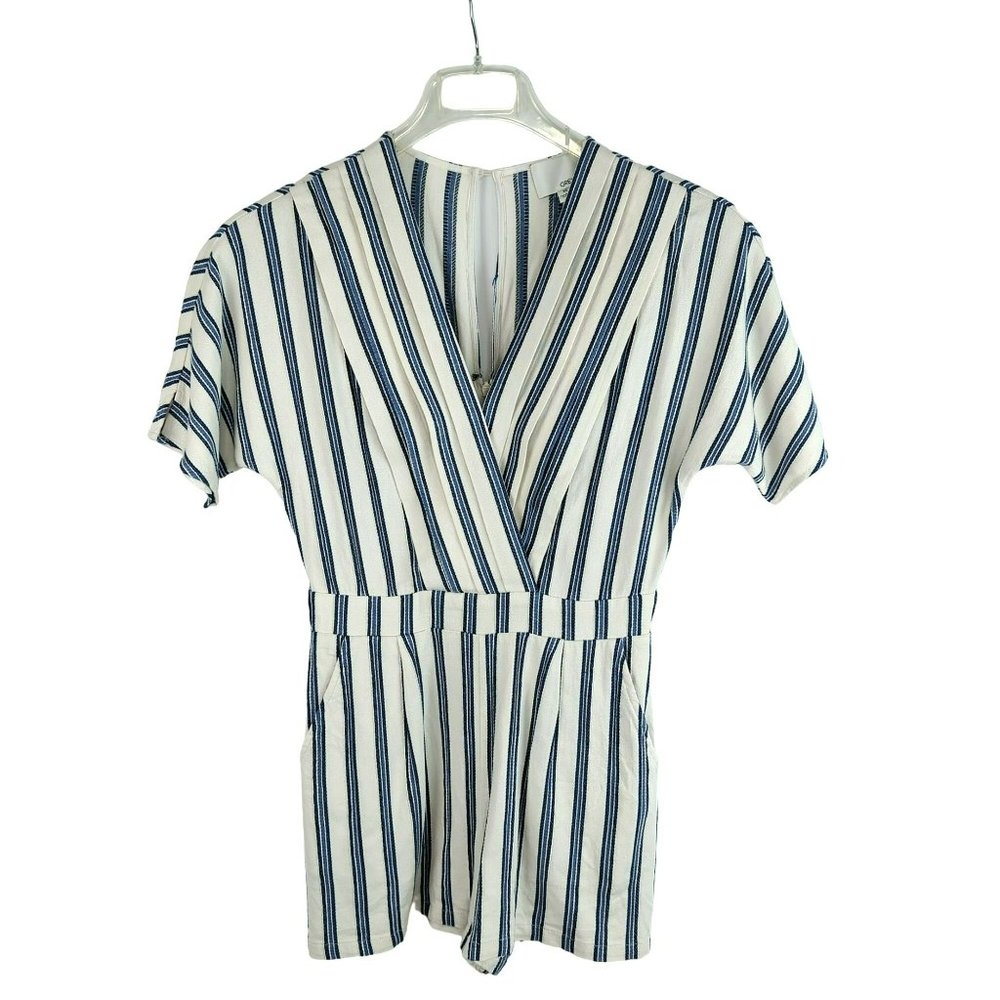 Greylin White Blue Striped Cotton Romper Sz XS Shorts V-Neck